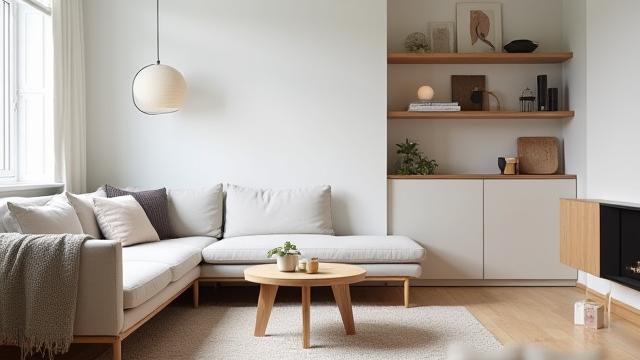 Skandinavisk stue med lyse farger, komfortable tekstiler og minimalistisk dekor.